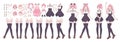 Anime girls character kit. Manga japanese style woman with various face emotions hands and legs position, hairstyles