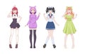 Anime girls. Manga japanese style beautiful young women in school uniform, short skirt and cosplay clothes, kawaii asian
