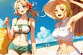 Anime girls on summer vacation, young pretty women on beach, illustration, generative AI