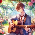 An anime handsome boy sitting on the bench playing guitar in a beautiful garden with flowers, anime style, music instrument