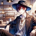 Anime handsome boy sitting at a biutique coffee shop with fashionable style, anime style
