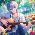 An anime handsome boy sitting in a garden playing guitar with beautiful flowers arounds, anime style, music, instrument, nature