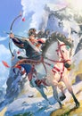 Anime hero aiming at a target during a mountain horse ride digital illustration Royalty Free Stock Photo