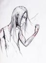 Anime hero man with long hair injured his hand and looks at the wound. Royalty Free Stock Photo