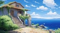 anime house house wall art on canvas, in the style of Mediterranean landscapes