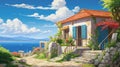 anime house house wall art on canvas, in the style of Mediterranean landscapes