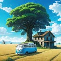 anime illustration abandoned van car with house that tree grow on it