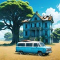 anime illustration abandoned van car with house that tree grow on it