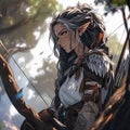 Anime Illustration of Female Fantasy Archer Forest Elf
