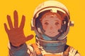 anime illustration girl astronaut in a spacesuit extends her hand on a yellow background