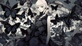 anime illustration gothic girl with white hair in a black dress with roses surrounded by black butterflies Royalty Free Stock Photo