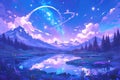 Anime illustration of a night sky with stars, planet and lake