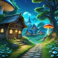 anime illustration scenery background old ancient village street among mushroom