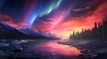 Anime-inspired 4k Sunset Under The Aurora - Beautiful Red Sky With Mountains And Waterfalls