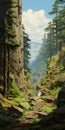 Anime-inspired Artwork Of Mountainous Vistas With Waterfall And Redwood Tree