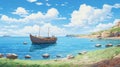 Anime-inspired Boat On The Edge Of Water: A Villagecore Plein Air Painting
