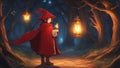 Anime inspired cartoon, anime _ A brave cartoon character in a red cloak and hat, wandering in the enchanted forest