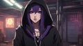 Anime inspired cartoon, anime A gloomy anime girl with long purple hair and purple eyes, wearing a black hoodie