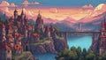 anime-inspired cartoon, anime _ A pixel art illustration of a fantasy cityscape at dawn with castles, magic,