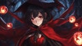 anime-inspired cartoon, anime seductive anime black hair red eyes red dress black cloak lantern playful dark cave bats