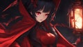 anime-inspired cartoon, anime seductive anime black hair red eyes red dress black cloak lantern playful dark cave bats