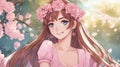 Anime inspired cartoon, anime A young woman with long brown hair and blue eyes, wearing a pink dress and a flowers
