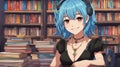 anime-inspired cartoon, anime girl with blue hair smiling, wearing choker and necklace in a library