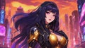 anime-inspired cartoon, anime A stunning anime girl with long black hair and purple eyes, wearing a golden top