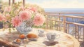 Anime-inspired Coastal Scenery: Flowers In A Vase Beside A Window