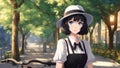 anime inspired A cute young woman with short black hair and blue eyes, wearing a white and black dress