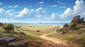 Anime-inspired Desert Landscape Painting: Serene Adventure Themed Artwork