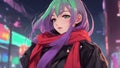 anime inspired She has long purple hair and green eyes, and wears a black leather jacket and a red