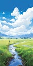 Anime-inspired Landscape: A Serene Stream Flowing Through A Grassy Field