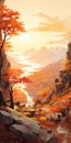 Anime-inspired Orange Mountain Landscape With Autumn Colors And Golden Light