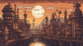 anime inspired A pixel art illustration of a steampunk cityscape at dusk with airships, gears, pipes, Royalty Free Stock Photo