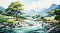 Anime-inspired River Landscape With Mountains And Trees