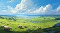 Anime-inspired Sheep Field With Majestic Ports And Expansive Skies