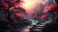 Anime-inspired Uhd Digital Art Of A Temperate Forest At Sunrise Park With Buckeye And Azalea