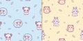 Anime kawaii animals seamless pattern. Cute lamb with red spots and mane small pink funny kitten.