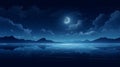 Anime landscape of a calm lake at night with a crescent moon and clouds in the starry sky Royalty Free Stock Photo