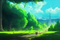 anime landscape illustration, path and forest, ai generated image Royalty Free Stock Photo