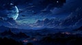 an anime landscape with the moon and stars in the sky