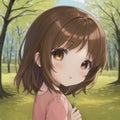 anime a little girl, medium brown hair and eyes, profile, close-up of face in spring