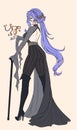 Anime manga full body sorceress holding cane wearing big boots