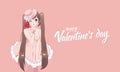 Anime manga girl blows a kiss. Valentines day card. Vector illustration