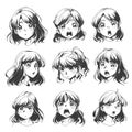 Anime manga girl face emotions, cute beautiful eyes japanese woman japan comic art character retro white black vector Royalty Free Stock Photo
