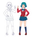 Anime manga girl. Japanese comics cute school girls in uniform for coloring book page. Cartoon character full body