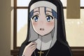 Frightened anime manga girl dressed as a monastery nun. Generative AI Royalty Free Stock Photo