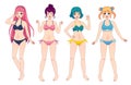 Anime manga girls in bikini. Group of kawaii female japanese comic characters in swimsuits. Beach woman winks, waving