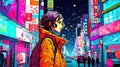 Anime-manga illustration of a young girl in a big city. Generative AI